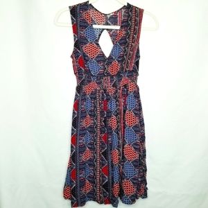 Roxy Dress V-neck Pink Purple Blue Patchwork Print Design Smocked cut out back S
